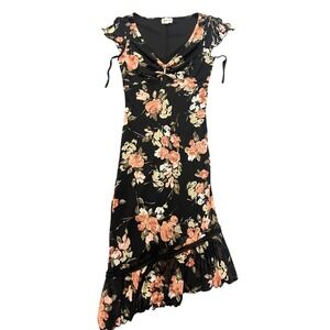 HeartSoul Floral Midi Dress Womens Medium Black Peach Asymmetrical Ruffle Y2K